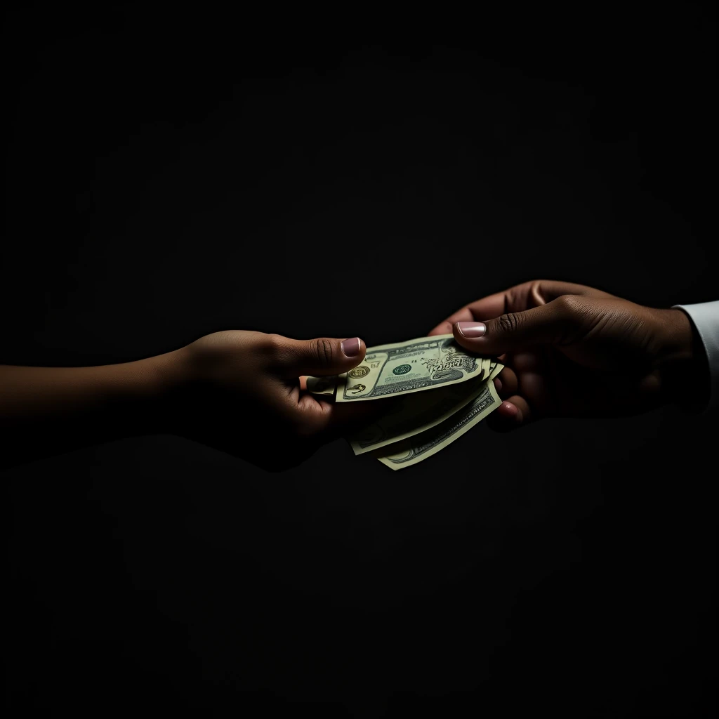A tense and shadowy scene set in a dimly lit room: a person discreetly hands over Brazilian real banknotes to a voter. The atmosphere is dark and secretive, with only a faint light illuminating the exchange, highlighting the clandestine nature of the transaction. The voter's hand reaches out to accept the money, capturing the gravity and corruption of the moment.