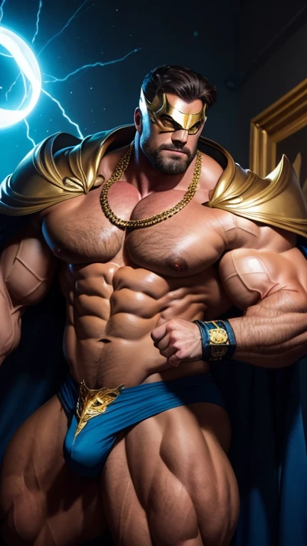 Dressed as the masked superhero “Mental Mind”, wearing a metal eyemask. a very handsome, sweet and truly massive bare-chested monster Caucasian bodybuilder is showing off his huge bicep muscles and meaty thighs. Intense 50 year old man. brown hair, powerfully muscled, massive shoulders and biceps. well-defined six pack and large bulge in his crotch. Thick gold necklace, cape. Eyes glowing bright blue with psychic energy, with a halo of energy around his head. Dressed in blue and gold colours.