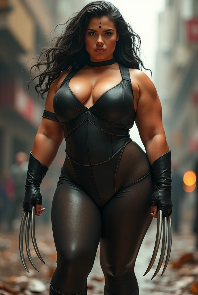 Create a female wolverine with claws and uniform but she has to be bit chubby,curvy dark hair and a dot on her forehead