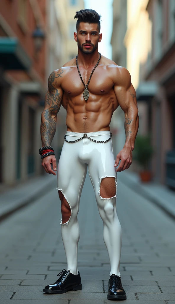 Fullbody standing picture of white skin Handsome horny nude sexy gay boy wearing skinny ripped shiny white latex tights, shiny black Disconnected Pompadour oiled hair style, goatee, blue eyes, shiny varnished vinyl shoes, red lip, chain, tattoos, horny, cum shot, sperm, milking penis, big penis, very big testicle, shiny oiled skin, orgasm, oversexed, standing at street.