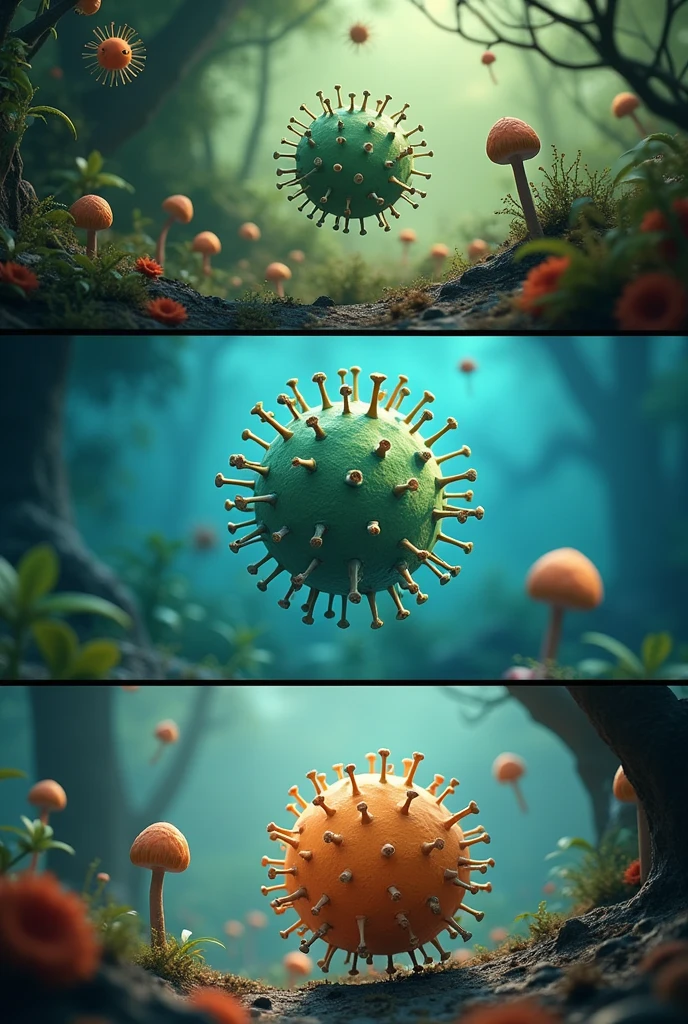 [bottom: An animated graphic of a virus with a spherical structure and spikes.]
DR. Microbe: Viruses are like little "copying machines" that can only reproduce within the cells of other living beings. Imagine a virus as a burglar who needs to break into a house to make a copy of himself..

Alex: And what happens if a virus enters our body??

DR. Microbe: If a virus invades our body, can make us sick. That&#39;s why it&#39;s important to wash our hands and get vaccinated to protect ourselves..

Scene 4: The Bacteria

[bottom: An animated graphic of a rod-shaped or spherical bacterium.]
DR. Microbe: Now, let&#39;s look at the bacteria. They are unicellular organisms that can live almost anywhere., including inside and outside our body!

Sofia: Are there good and bad bacteria??

DR. Microbe: Exactly! Some bacteria help us digest food., while others can cause diseases. That&#39;s why it&#39;s important to maintain balance!

Scene 5: The Mushroom

[bottom: An animated graphic of a mushroom, showing spores and fungi in a garden-like environment.]
DR. Microbe: Finally, mushrooms. These are organisms that can be unicellular or multicellular., and often live in damp, dark places.

Alex: Where do we find them in everyday life??

DR. Microbe: Fungi can appear on rotten foods, on the skin if we do not take care of ourselves, or in the bathrooms. Some are edible and useful, like mushrooms, but others can cause health problems.
