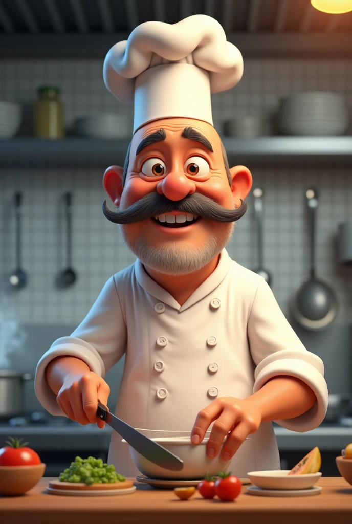 Animated 55-year-old chef with no hair and a mustache