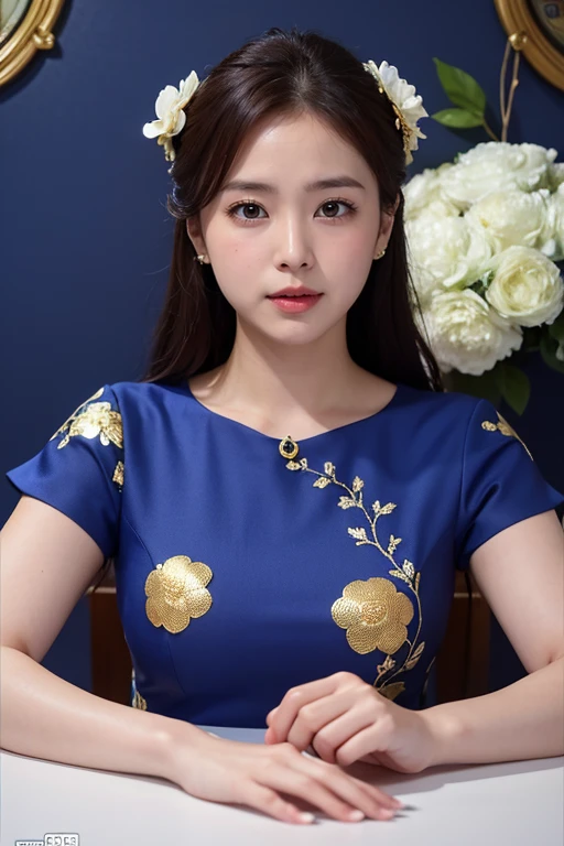 Medium Size Display, Medium Shot, Written boundary depth, bust, Upper Body, Movie angle, masterpiece, Highest quality, Very detailed, CG, 8k wallpaper, Beautiful Face, Delicate eyes, Otome, alone, Open your mouth, Cobalt blue dress with gold trim, lol、Floral Background