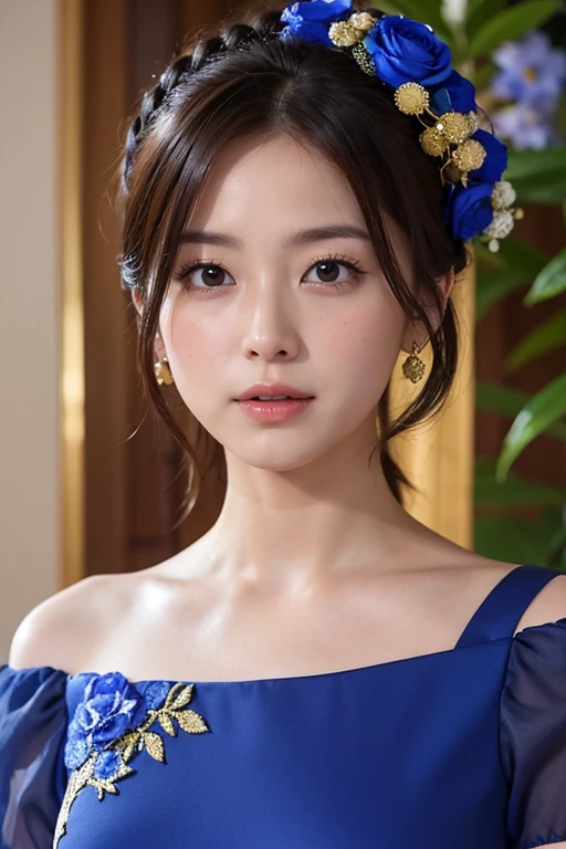 Medium Size Display, Medium Shot, Written boundary depth, bust, Upper Body, Movie angle, masterpiece, Highest quality, Very detailed, CG, 8k wallpaper, Beautiful Face, Delicate eyes, Otome, alone, Open your mouth, Cobalt blue dress with gold trim, lol、Floral Background