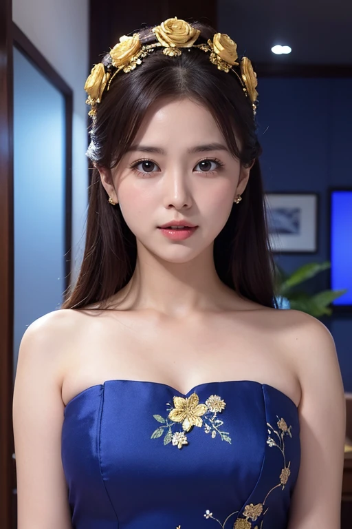 Medium Size Display, Medium Shot, Written boundary depth, bust, Upper Body, Movie angle, masterpiece, Highest quality, Very detailed, CG, 8k wallpaper, Beautiful Face, Delicate eyes, Otome, alone, Open your mouth, Cobalt blue dress with gold trim, lol、Floral Background