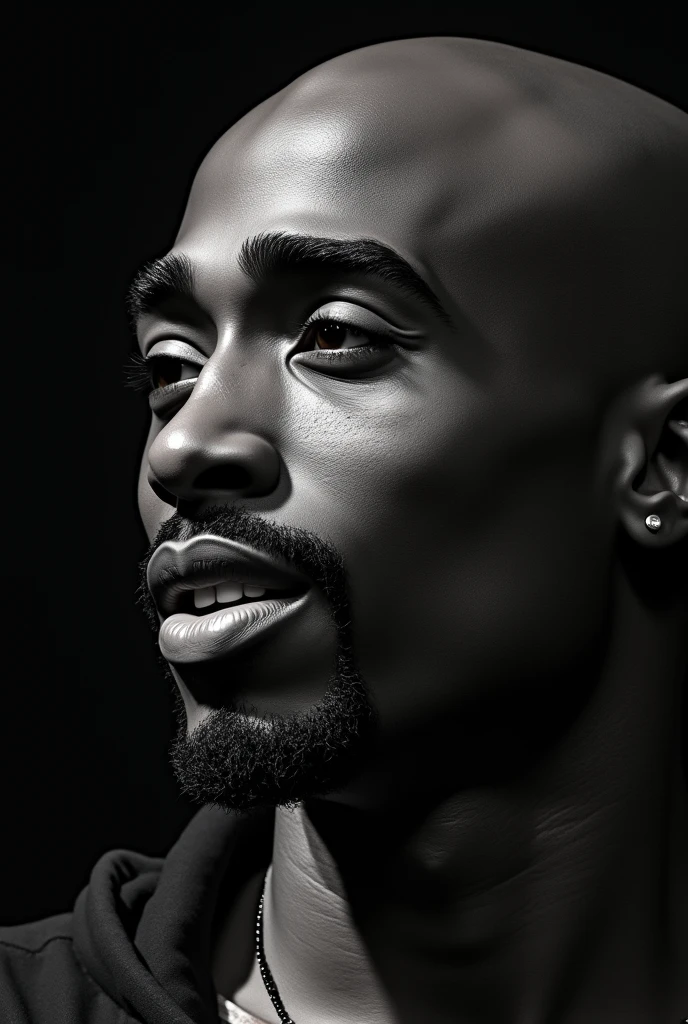 (photorealism:1.2), ((Tupac Shakur)), bald head, 25 years old, extremely accurate features, performing in a concert, black and white images, extremely detailed facial features,
Create a high-resolution close-up image of Tupac Shakur's face. Pay attention to his skin texture, facial structure, and recognizable features such as his eyebrows, nose, and lips. The image should be highly detailed and accurate, resembling a real-life photo.