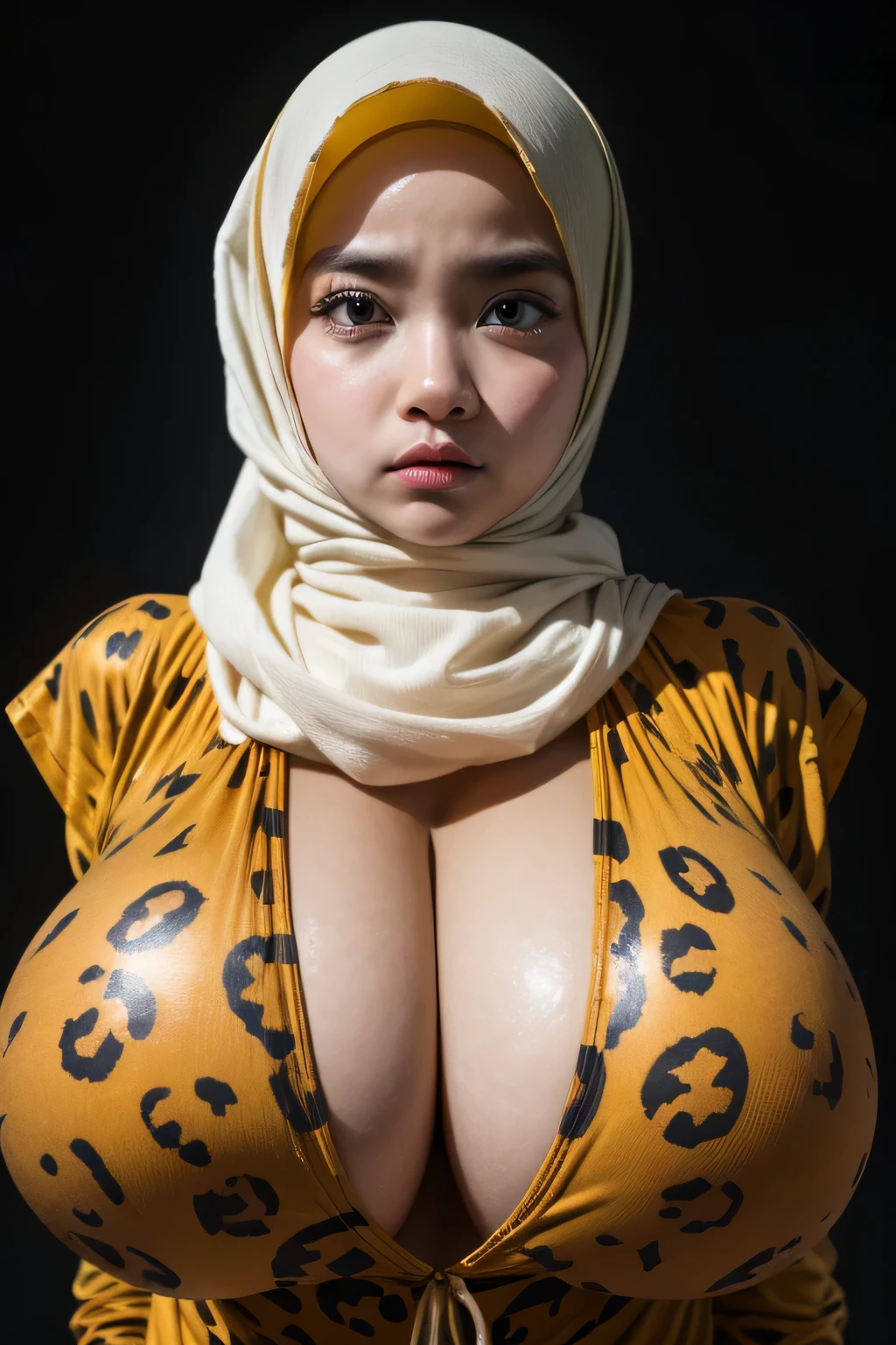 Jumbo (Singlet), Chubby adorable, 1 girl, (face to face), , baby face, a face expression, half body portrait, (face details: 1), (eye details: 1), ((big breasts)). wearing transparent transparency soft long shirt, hijab, .. Cute posed. proportional body. Ultra High Res. realistic: 1.4, UHD, ((leopard pattern)), ((Bigger:2.2)), (((DARK BACKGROUND)))