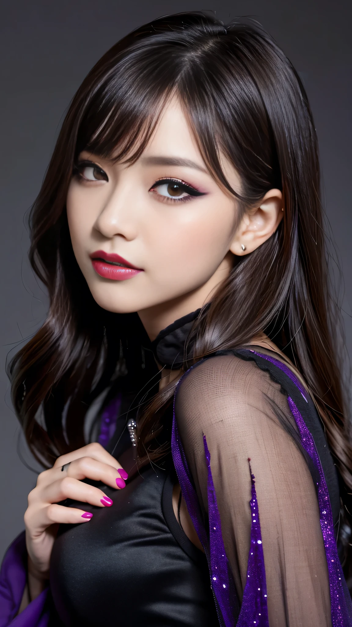 best quality、ultra-detailed、8k、Japanese、Japanese、Seductive beauty、seductive adult woman、Pretty Woman、cool girl、smirk、Wicked Smile、Villainess、brainwash makeup、Brainwashed、brainwash、Fallen into evil、Evil look、evil、Brown hair、wavy hair、swept bangs、dark makeup、piercing eyes、hollow eyes,half-closed eyes、Hollow Eyes、purple Eyeshadow、black lipstick、black lipglos、Purple Eyeshadow、black lipstick、black lip gloss、Dark Makeup、smirk、Whisper in my ear、Evil look、long black cheongsam、Wide sleeves、night、inside darkroom、Kiss、I have lipstick、Are standing、Look、Offer、shoot from below、Connected by many cords