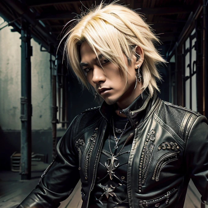 1 japanese male rocker, asien eyes, Visual Kai hairstyle, ultra detailed face and body, hyperrealistic, realistic representation, muscular, broad shoulders, tattoos gothic style, piercings, Visual Kei style, hairstyle Visual Kei, blond, 40 years old, age 40 outfit gothic streampunk, men's shirt and black pants, Asian eyes, eyes Asian, long hair, long hair