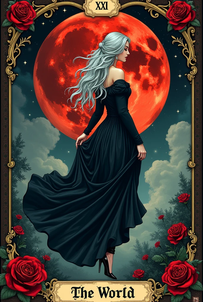 a card, intricate detailed tarot card illustration, tarot card, tarot card the word, card header with text "XXI", card footer with text "The World", text font style medieval, silver hair goddess in black Victoria dress, floating in the sky, (infinity symbol on the moon), blood moon, red rose, gothic ornate, soft focus, cinematic lighting, dramatic shadows, vivid colors, rich color palette, mystical landscape, gothic style card