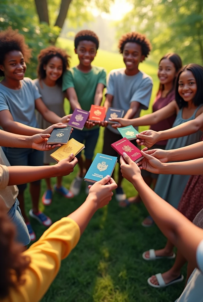 

**Scène** :
- Un groupe diversifié de jeunes, comprenant à la fois des filles et des garçons de teint noir , se tient en cercle à l'extérieur.
- Chaque personne tient un passeport dans une main, avec le bras tendu vers le centre du cercle, de manière à ce que les passeports soient bien visibles.
- Les passeports sont de différentes couleurs, représentant divers pays, symbolisant l'unité et la diversité.
- Le groupe se tient sur de l'herbe verte, avec des arbres en arrière-plan, suggérant un environnement naturel et paisible.
- L'ambiance est vibrante et positive, avec tout le monde souriant ou affichant un air déterminé.
- La lumière du soleil illumine doucement la scène, ajoutant de la chaleur et mettant en valeur les passeports colorés.