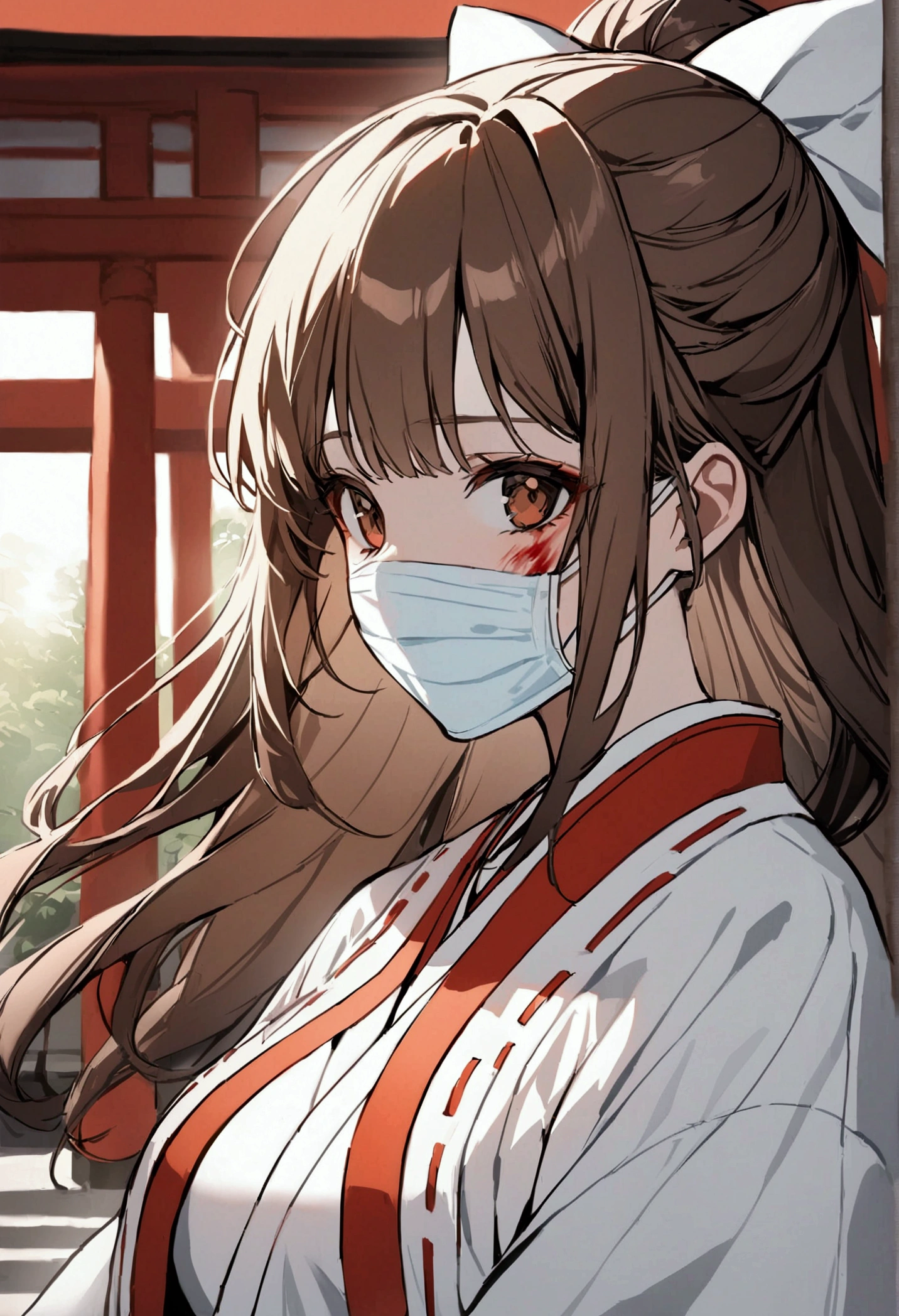 Japanese shrine Background, bloody, shrine maiden outfit, medical gloves, surgical mask, 1girl, brown hair, shining hair,