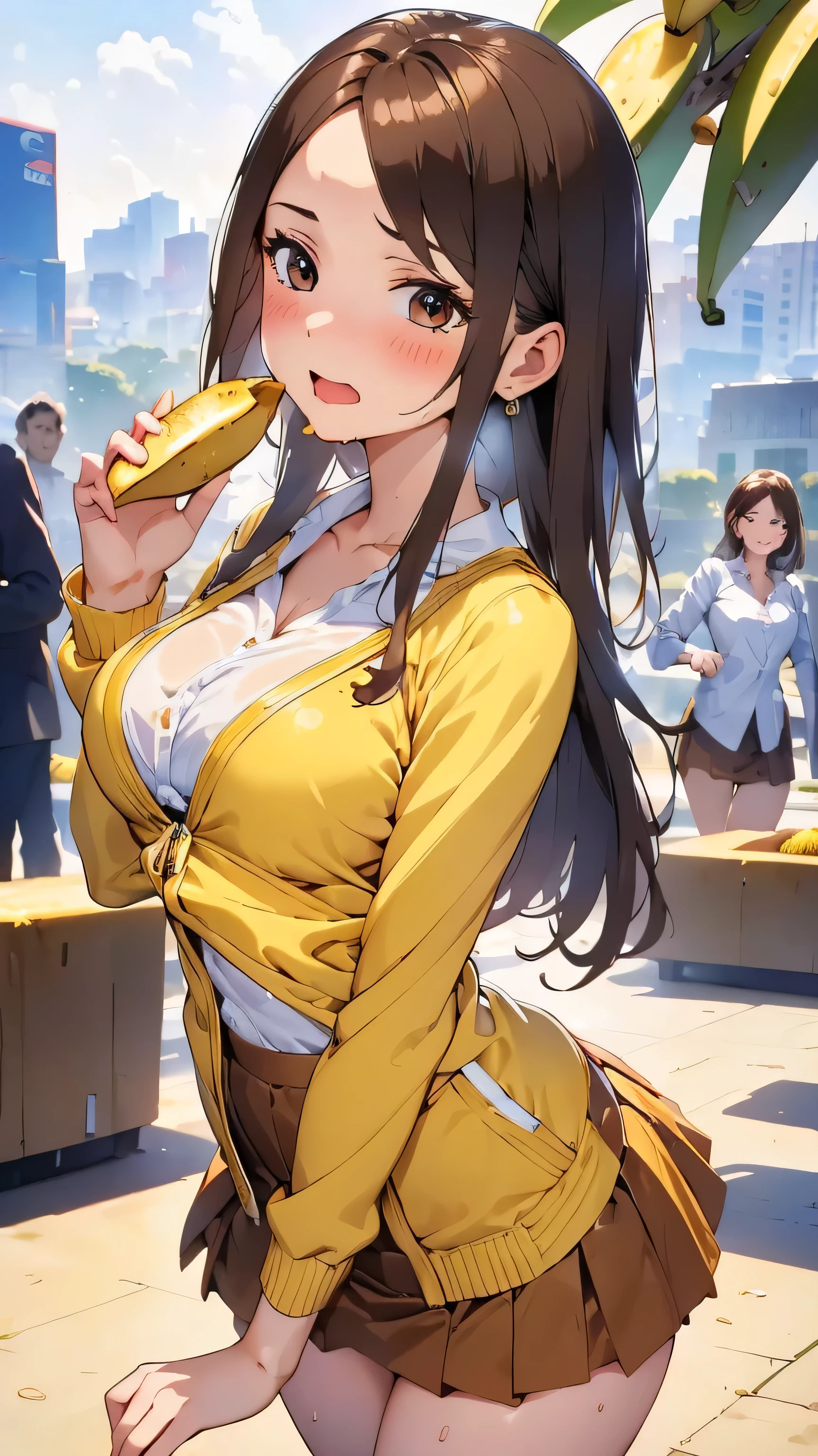 (Highest quality,8k,Detailed description)Natural Lip,Brown hair, semi-long,Looking at the audience,Beautiful breasts:1.0,Tight mini skirt:1.0,Trying to grab a banana:1.5,(Detailed bananas,Peeled bananas)Drooling from the mouth:1.0