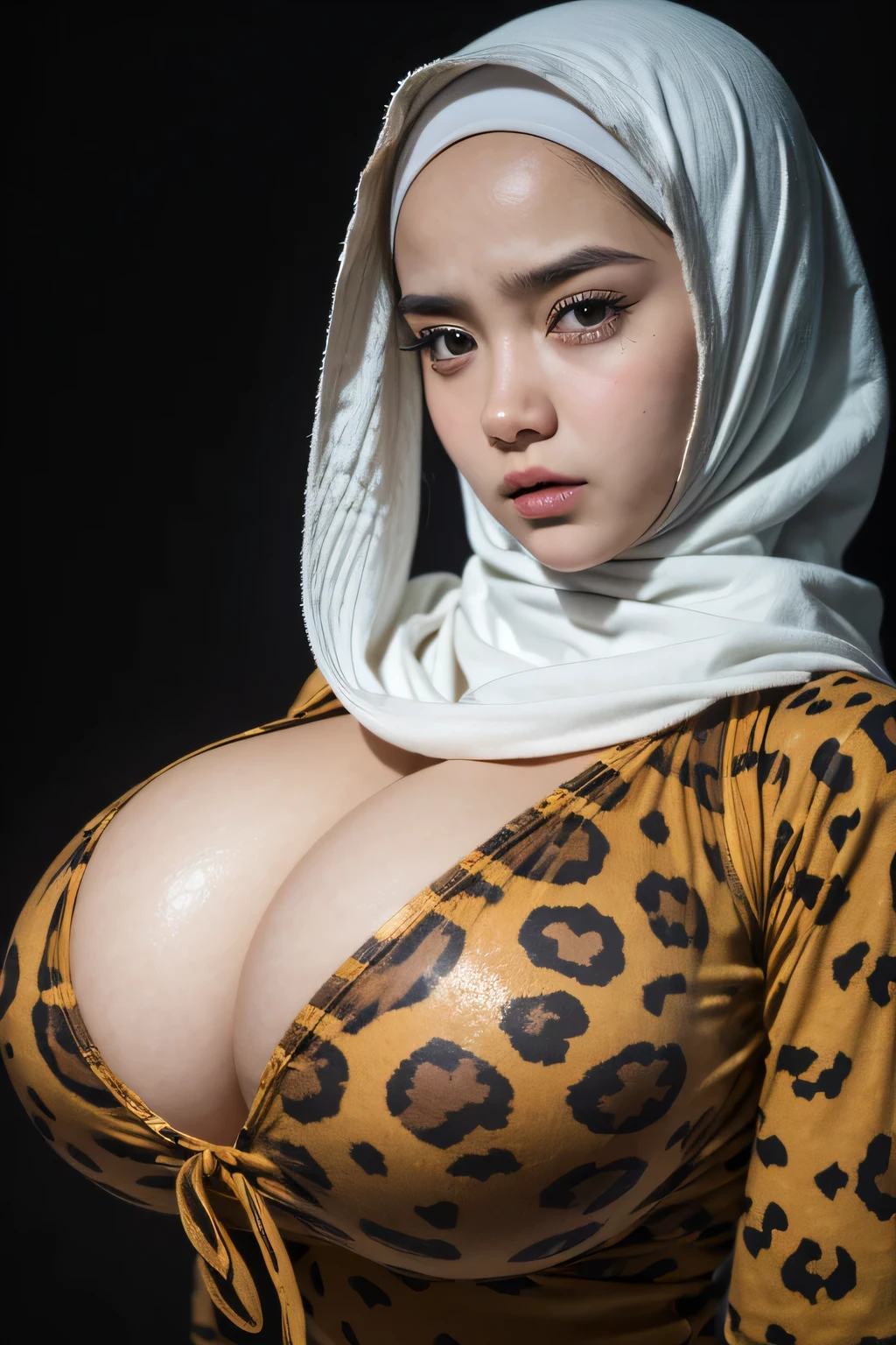 Jumbo (Singlet), Chubby adorable, 1 girl, (face to face), , baby face, a face expression, half body portrait, (face details: 1), (eye details: 1), ((big breasts)). wearing transparent transparency soft long shirt, hijab, .. Cute posed. proportional body. Ultra High Res. realistic: 1.4, UHD, ((leopard pattern)), ((Bigger:2.2)), (((DARK BACKGROUND)))