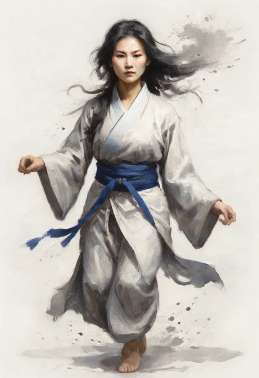 zydink, monochrome, ink sketch, asian (middle age woman), fighting stance, looking at viewer, long hair, floating hair, hanfu, chinese clothes, long sleeves, (abstract ink splash:1.2), white background