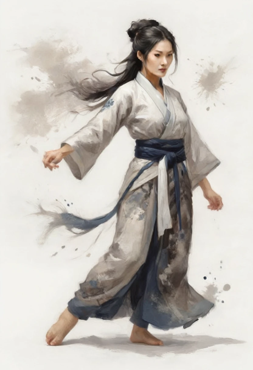 zydink, monochrome, ink sketch, asian (middle age woman), fighting stance, looking at viewer, long hair, floating hair, hanfu, chinese clothes, long sleeves, (abstract ink splash:1.2), white background
