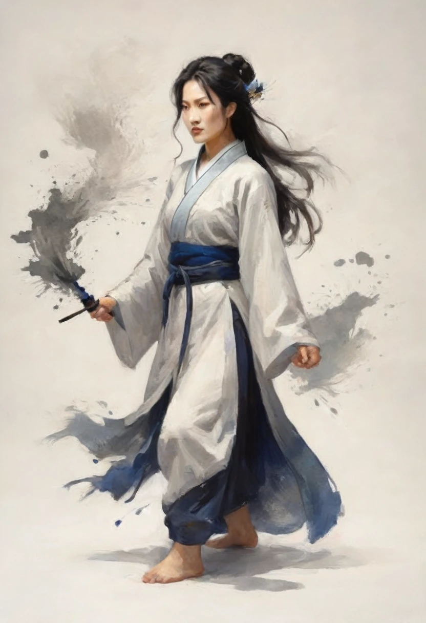 zydink, monochrome, ink sketch, asian (middle age woman), fighting stance, looking at viewer, long hair, floating hair, hanfu, chinese clothes, long sleeves, (abstract ink splash:1.2), white background