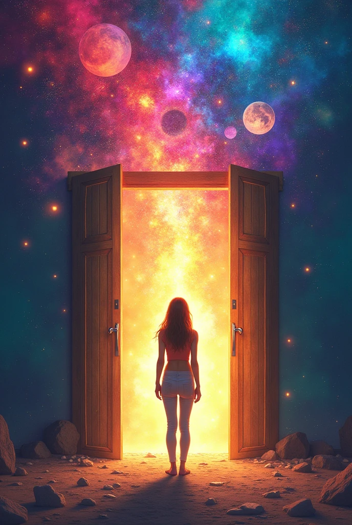 Une personne debout devant une porte grande ouverte, laissant entrevoir un vaste univers de couleurs vives et d’idées flottantes. La personne regarde avec curiosité et émerveillement, symbolisant l’ouverture aux nouvelles perspectives et expériences.”