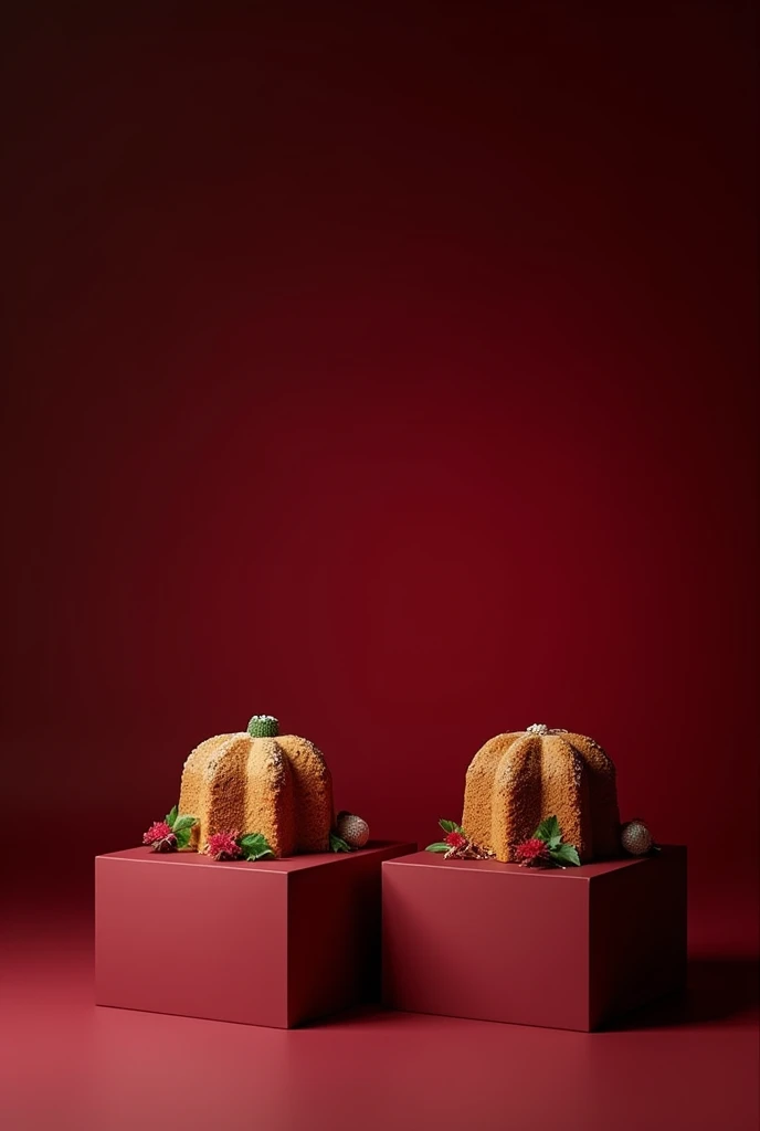 Create an image with a rich, deep burgundy background. En el centro de la imagen, place two display cubes side by side. One of the cubes must be empty, while the other must display an elegantly decorated panettone, with its characteristic shape and some festive decorations around it. Lighting should be soft, highlighting the shine of the panettone and creating a sophisticated and welcoming atmosphere.