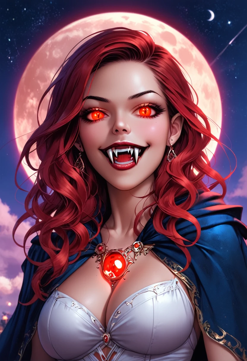 a picture of an exquisite beautiful  (African: 1.2) female  vampire standing under the starry night sky at the base of the waterfall, ultra feminine, (busty: 1.2), small cleavage black skin, dynamic hair color, wavy hair, dynamic eyes color, (red glowing eyes: 1.3), ((vampire fangs: 1.5)), cold eyes, glowing eyes, intense eyes, dark red lips, wearing white dress, wearing blue cloak, ultra best realistic, best details, best quality, 16k, [ultra detailed], masterpiece, best quality, (extremely detailed), photorealism, depth of field, hyper realistic painting, sky full of stars background, moon, bats flying about, high details, best quality, 8k, [ultra detailed], masterpiece, best quality, (ultra detailed), vampyfangs1, rpg portrait