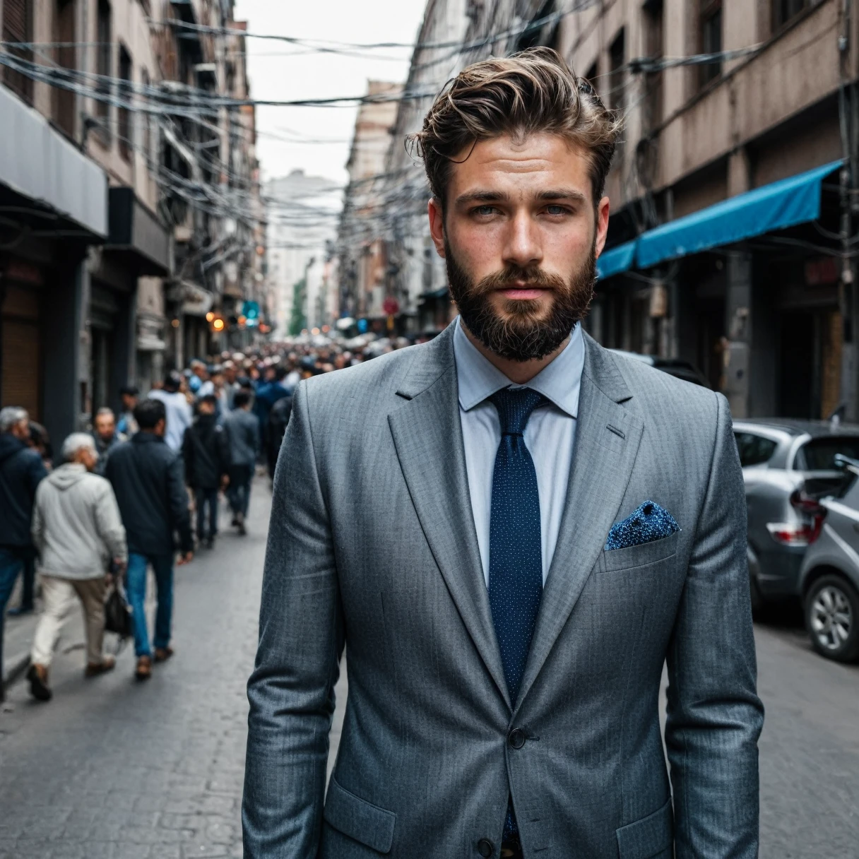 RAW photo, full body portrait of a beautiful man with a beard in a grey suite, he stands in a crowded street with tangled power cables, full sharp, detailed face, blue eyes, (high detailed skin:1.2), 8k uhd, dslr, soft lighting, high quality, film grain, Fujifilm XT3 dappled light on face, pale skin, skin pores, oiled shiny skin, skin blemish, imperfect skin, intricate skin details, visible skin detail, detailed skin texture, blush, wrinkles, vitiligo spots, moles, whiteheads, blackhead, white pimples, red pimples, beauty spot, skin fuzz, [[[[[freckles]]]]] (perfect eyes), ((perfect hands with four fingers and one thumb each))