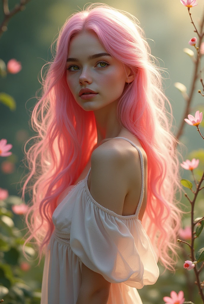 A beautiful young woman with long, flowing pink hair, delicate facial features, and a serene expression. She is wearing a flowing, ethereal dress and standing in a peaceful, nature-inspired setting with soft lighting. The image should have a dreamlike, fantasy-inspired aesthetic , adalt 18+