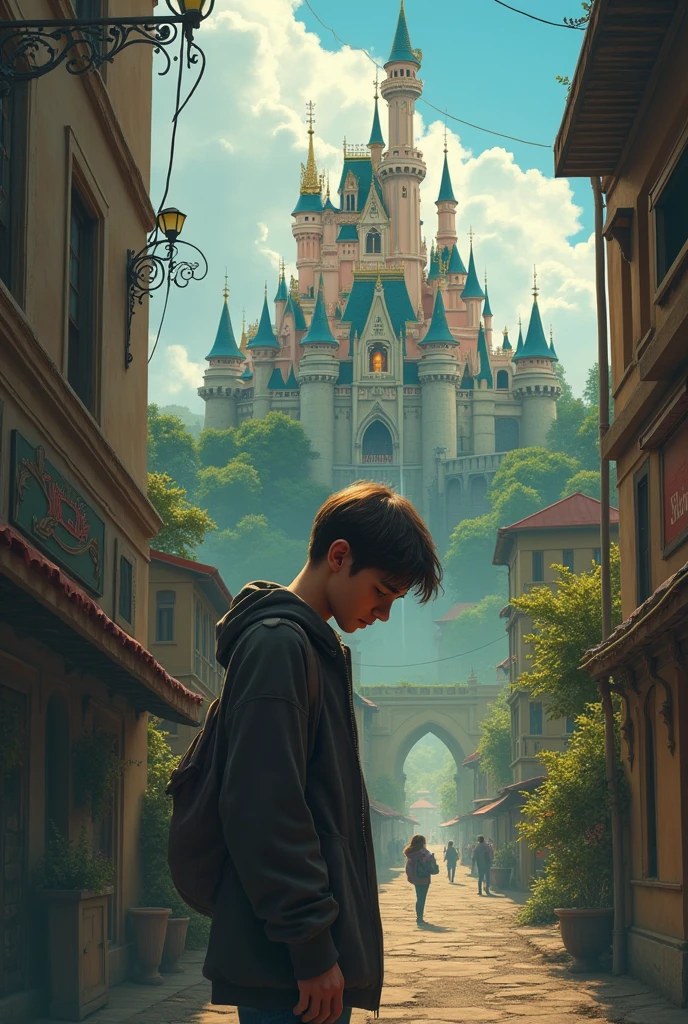 Lonely young man with struggling in his life and dreaming his self as rich man in Disney