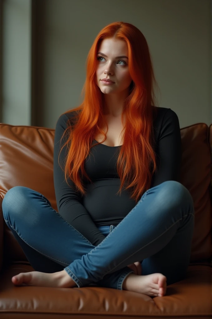 A red-haired girl with long, straight, straight hair, Curvy girl dressed in jeans, sensuous, is sitting on the brown sofa, thoughtful
