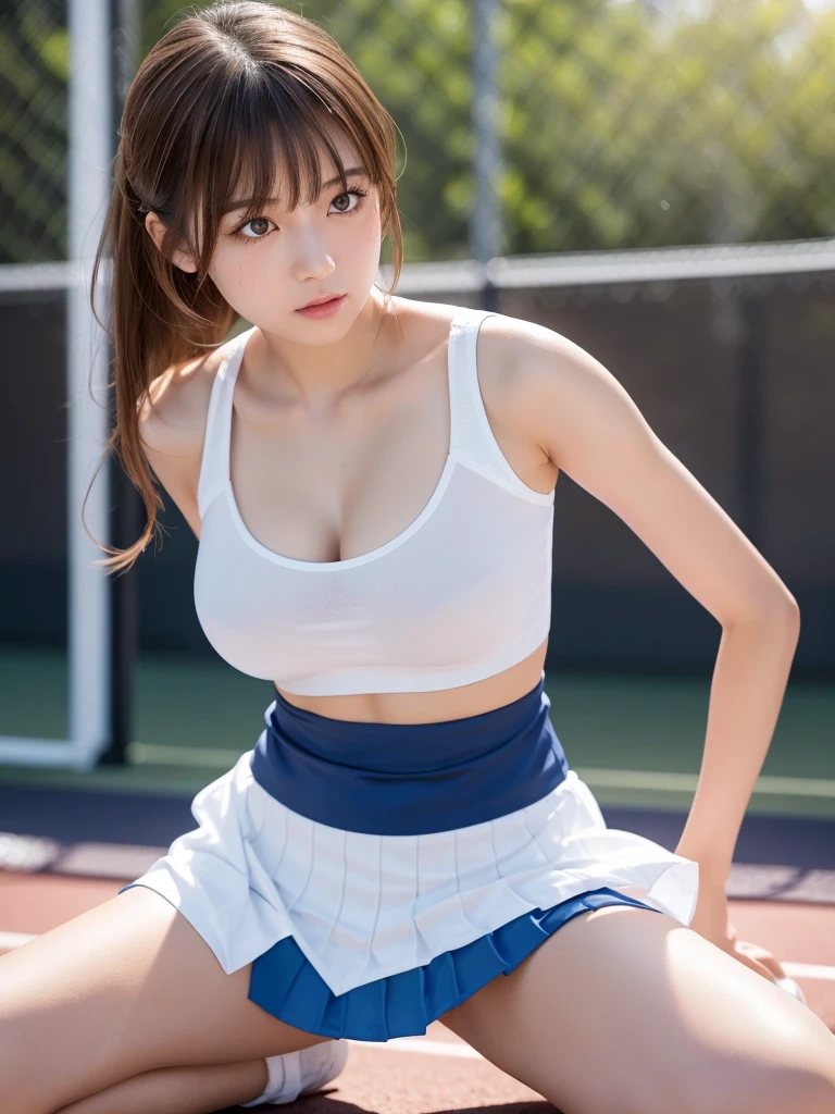 Product quality,1 girl,Cowboy Shot,Front view,Thigh Emphasis,(Knee-deep shots:1.3),Young and sexy Japanese girl,18-year-old,Tennis court,Wearing stylish blue tennis wear,(White ultra short micro pleated mini skirt),wear,No underwear,((Small Head,face:0.4))超かわいいface,赤ちゃんのface,Glossy Lips,Big eyes,Double eyelids on both eyes,(Natural Makeup),Brown eyes,Small and cute nose,shiny smooth light brown hair with long hair,,Asymmetrical bangs,Center image,8k resolution,Attention to detail,Detailed hairstyle,詳細なface,Cinema Lighting,Octane Rendering,Ultra-realistic,Perfect limbs,Voluptuous thighs,Huge breasts, Soft Skin,(Glowing Skin, Sweaty: 1.3), Spread your legs,Provocative dynamic pose,Skirt flip