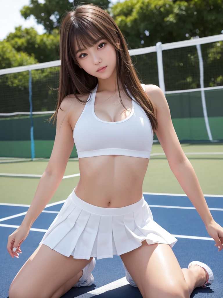 Product quality,1 girl,Cowboy Shot,Front view,Thigh Emphasis,(Knee-deep shots:1.3),Young and sexy Japanese girl,18-year-old,Tennis court,Wearing stylish blue tennis wear,(White ultra short micro pleated mini skirt),wear,No underwear,((Small Head,face:0.4))超かわいいface,赤ちゃんのface,Glossy Lips,Big eyes,Double eyelids on both eyes,(Natural Makeup),Brown eyes,Small and cute nose,shiny smooth light brown hair with long hair,,Asymmetrical bangs,Center image,8k resolution,Attention to detail,Detailed hairstyle,詳細なface,Cinema Lighting,Octane Rendering,Ultra-realistic,Perfect limbs,Voluptuous thighs,Huge breasts, Soft Skin,(Glowing Skin, Sweaty: 1.3), Spread your legs,Provocative dynamic pose,Skirt flip