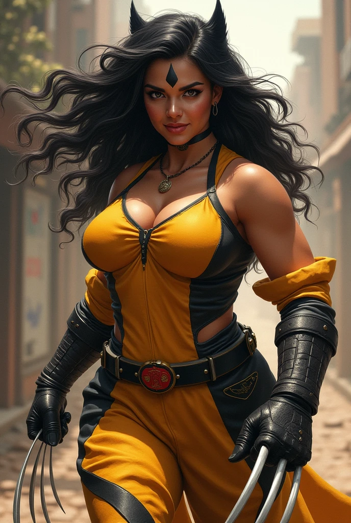 Create a Indian but fair female wolverine with claws and uniform but she has to be bit chubby,curvy dark hair and a dot on her forehead