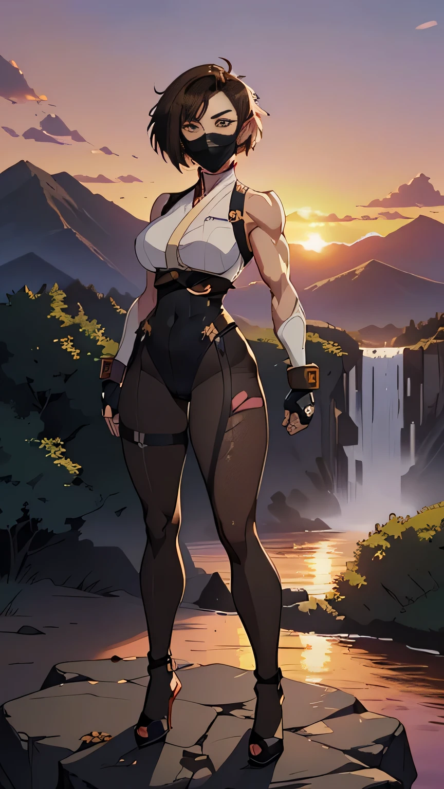 photo of mlp Meowko, RAW, beautiful woman, ((portrait)), ((detailed face:1.2)), ((anime face, anime facial feature, clear skin, glossy anime lips, clear skin), (short messy lesbian haircut, brunette: 1.55), (perfect proportioned body, Strong, muscular, narrow waist, narrow hips, skinny, large breasts), (she wears bodystocking, fishnet tights, (black mask:1.2), light armour, (ninja master:1.2), (fighting, full body: 1.22), (detailed mountainous background:1.1), valley, overlooking waterfall,(realistic photo, best quality, detailed), (8k wallpaper), (cinematic lighting, beautiful light, (sunset:1.3)) (sharp focus, intricate)