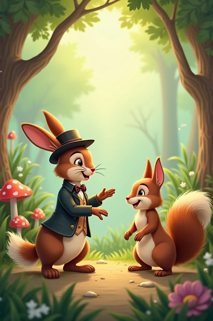 An animate rabbit and a squirrel talking