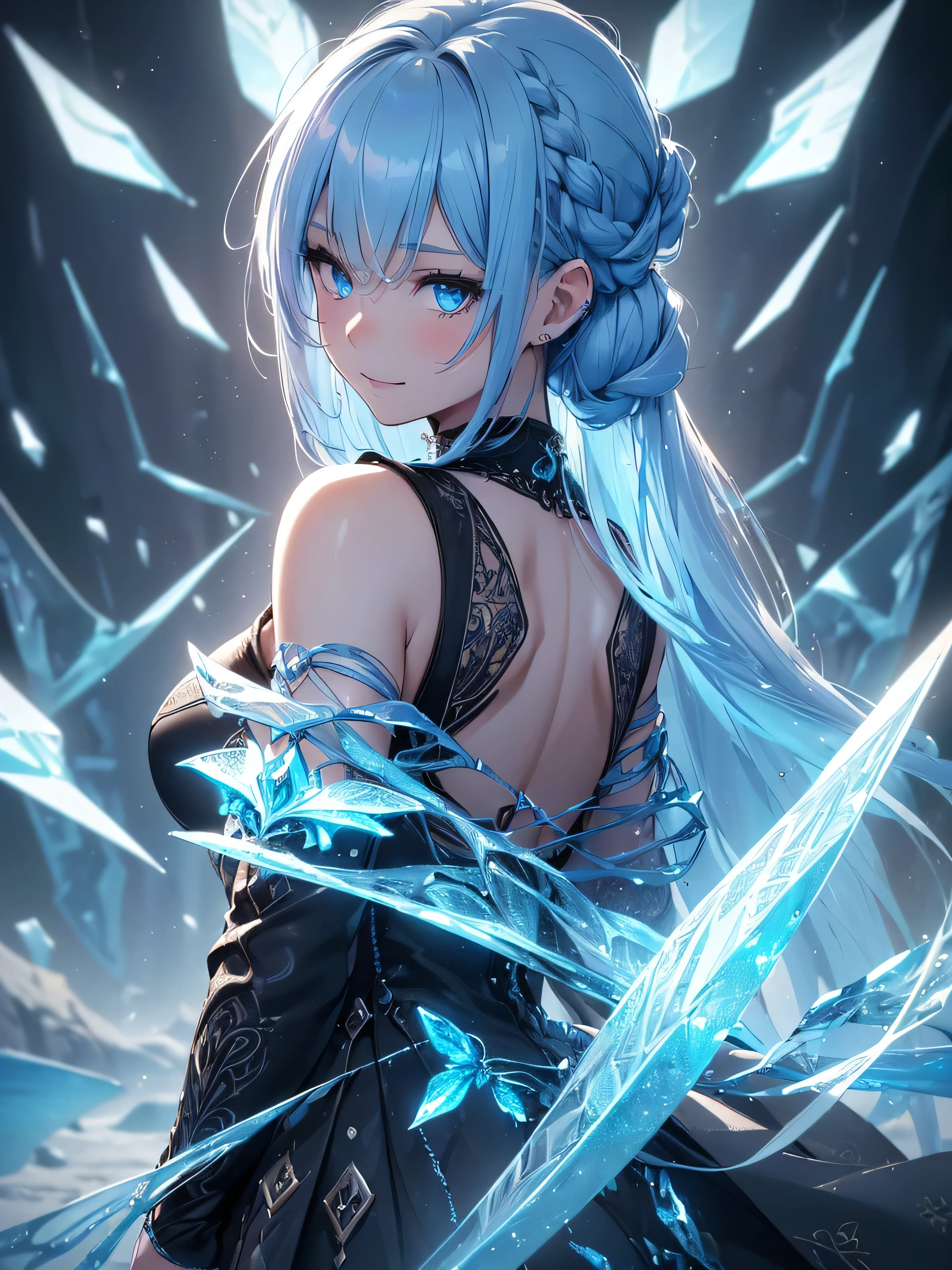 (((best quality, sharp image, clear image, cinematic lighting, 8k resolution, masterpiece, ultra detailed, intricate))) Girl, (((looking over shoulder))),shot from behind, sorcerer, cute, ice blue hair, intricate dress, black dress, braided hair, ribbons in hair, smiling, Ice blue, ((intricate background)), (rune frame), dimension, (ice butterflies)