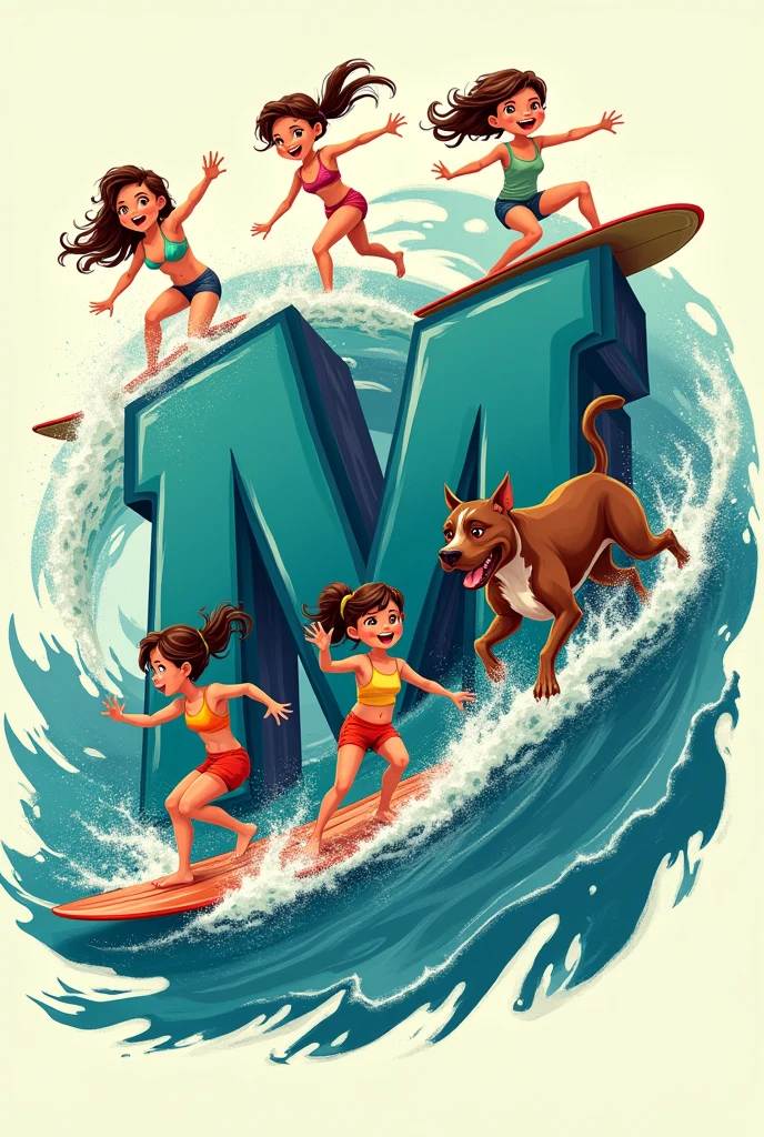 Make an animation for a tattoo on the letter M as a sea wave with 4 little girls and a brown pitbull dog surfing