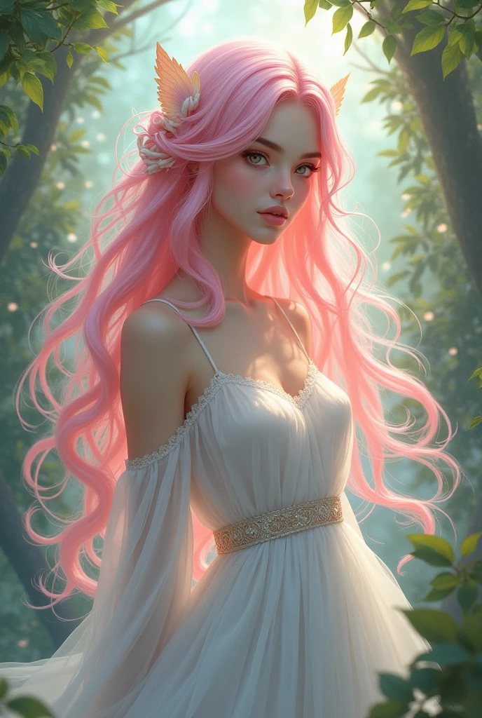 A beautiful young woman with long, flowing pink hair, delicate facial features, and a serene expression. She is wearing a flowing, ethereal dress and standing in a peaceful, nature-inspired setting with soft lighting. The image should have a dreamlike, fantasy-inspired aesthetic , middle body weight