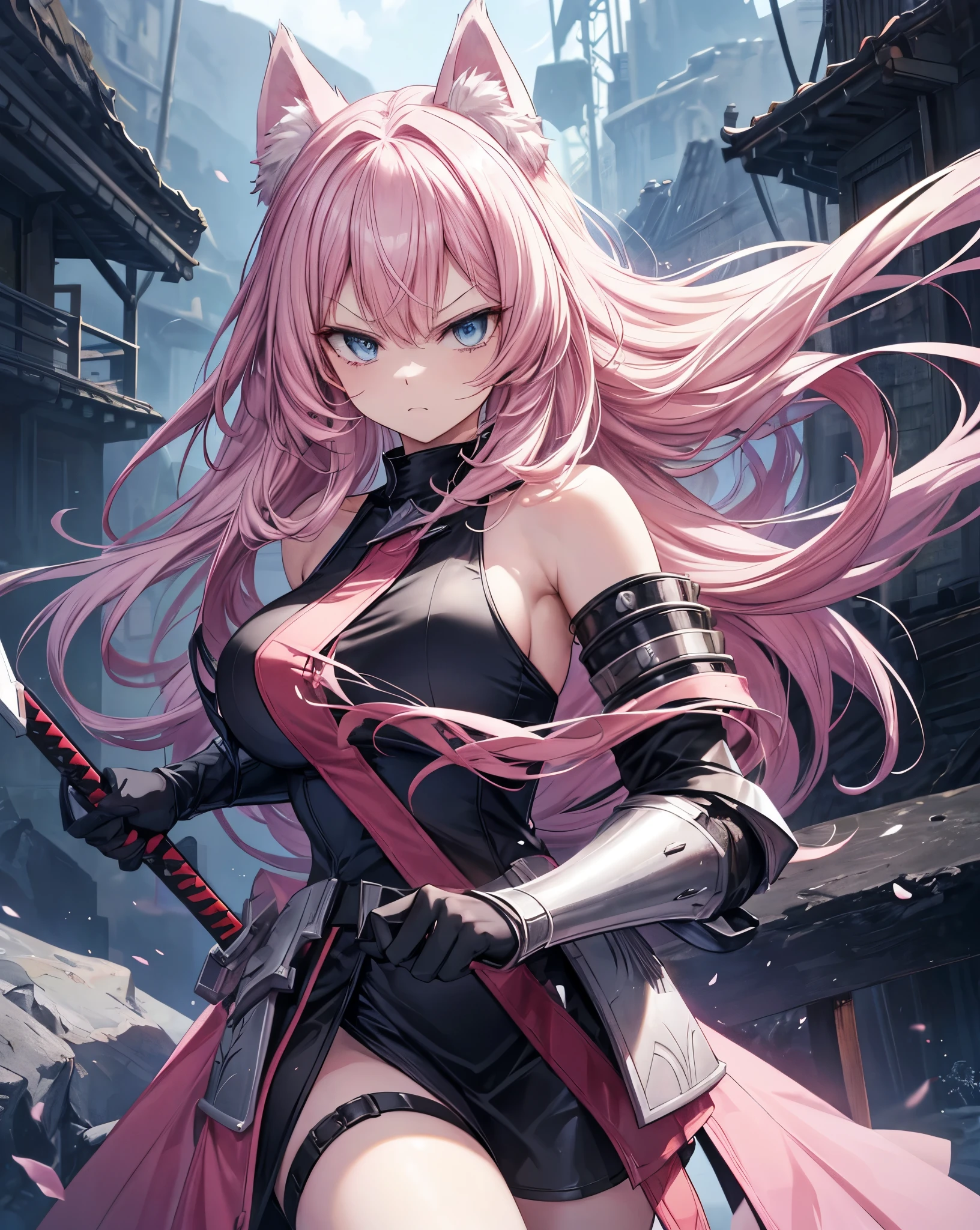 Anime style war, serious style, 1nekogirl, pink_and_white_cat_ears, fox tail, limited palette, long Straight pink hair, detailed anime blue eyes. She is angry. She is a Mercenary with scars on face, Outdoor scenery. Point a sword upwards. Behind them there is an army. War is coming. She wear a black intricate light war armour. She has bare shoulders. They will fight on the Winter Forest. Light Black Dragon armour, Pink details. Fight pose. Shes in berserk mode. furious attack with the sword.bare thighs