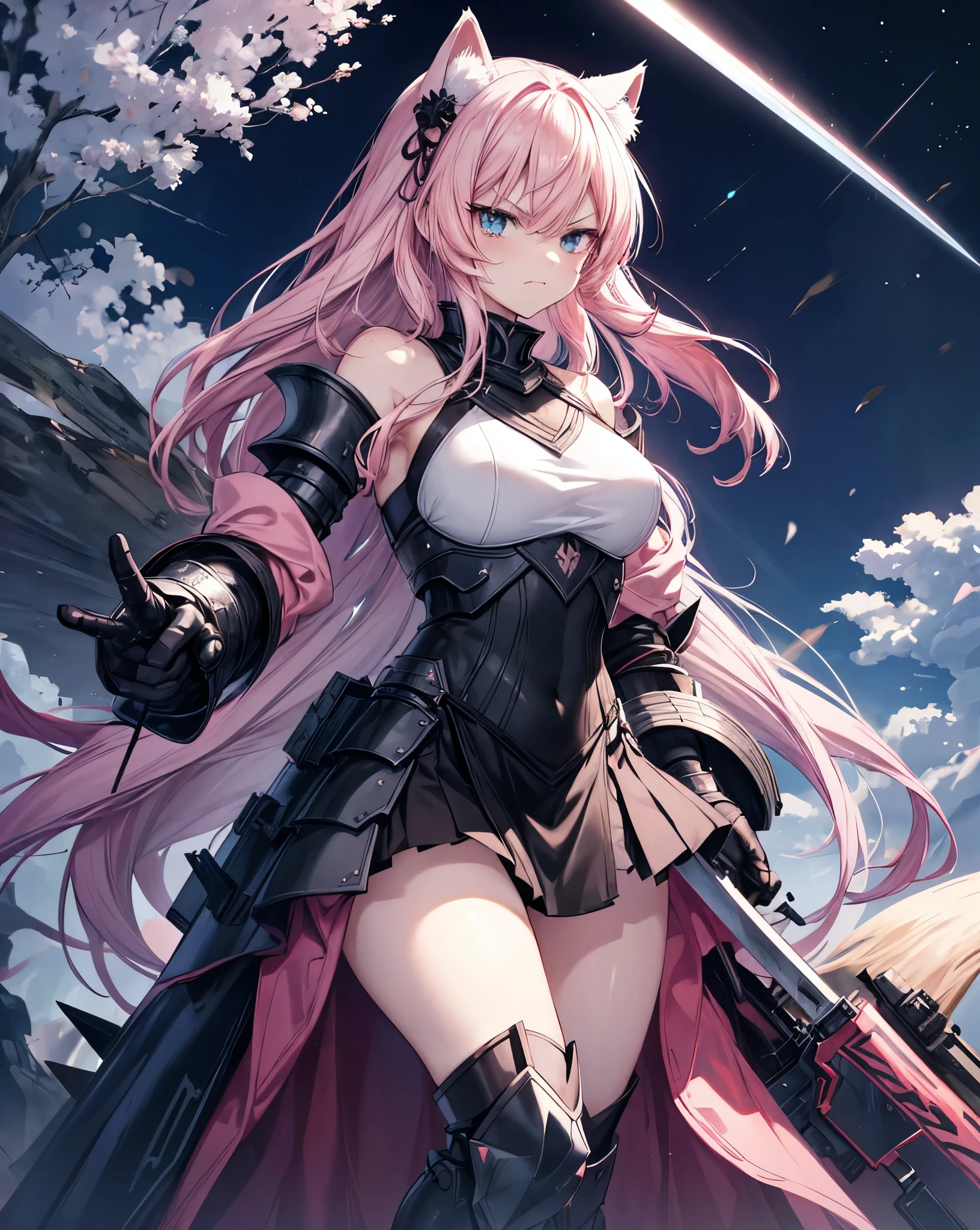 Anime style war, serious style, 1nekogirl, pink_and_white_cat_ears, fox tail, limited palette, long Straight pink hair, detailed anime blue eyes. She is angry. She is a Mercenary with scars on face, Outdoor scenery. Point a sword upwards. Behind them there is an army. War is coming. She wear a black intricate light war armour. She has bare shoulders. They will fight on the Winter Forest. Light Black Dragon armour, Pink details. Fight pose. Shes in berserk mode. furious attack with the sword.bare thighs