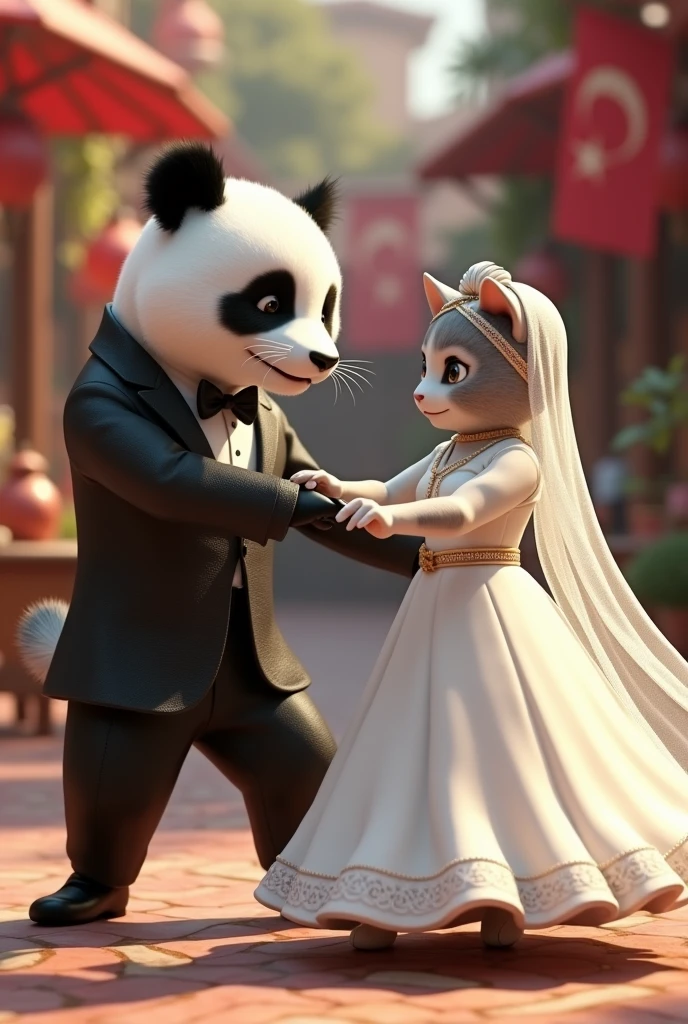 Now there is a Zeybek dance in Turkey. I want you to draw a male panda with a groom's suit and a female cat with a white wedding dress playing this game.. The female cat should be veiled and her head should be covered . So, let there be a turban on your head