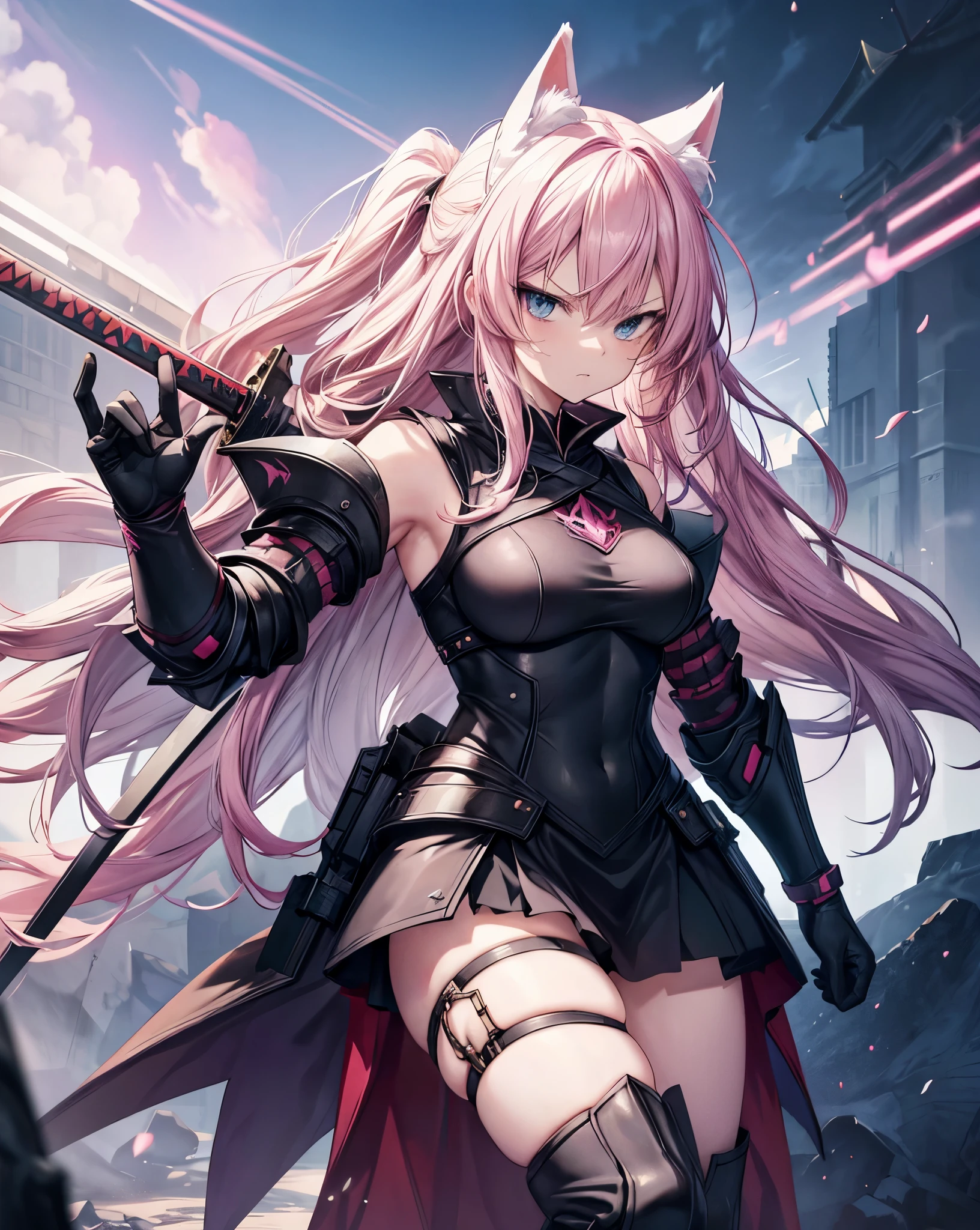 Anime style war, serious style, 1nekogirl, pink_and_white_cat_ears, fox tail, limited palette, long Straight pink hair, detailed anime blue eyes. She is angry. She is a Mercenary with scars on face, Outdoor scenery. Point a sword upwards. Behind them there is an army. War is coming. She wear a black intricate light war armour. She has bare shoulders. They will fight on the Winter Forest. Light Black Dragon armour, Pink details. Fight pose. Shes in berserk mode. furious attack with the sword.bare thighs