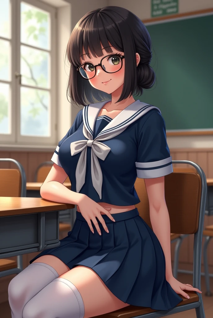 Highest quality、High resolution、Detailed Background、Artistic、Beautiful face in every detail、Highly detailed face、Teenage beauty、(Huge breasts:1.2)、Perfect body line、Braided bob cut、Glasses、Navy blue sailor suit、White sailor collar、Navy blue pleated skirt、White Stockings、A big smile、smile、
(View from below of sitting at desk in classroom:1.5)、
Accentuate your breasts、Accentuate your cleavage、Emphasis on underboob、No bra、Panty shot、cute