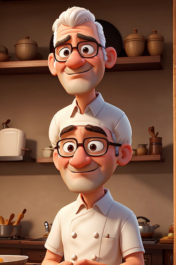 Animated 55-year-old chef without hair or mustache