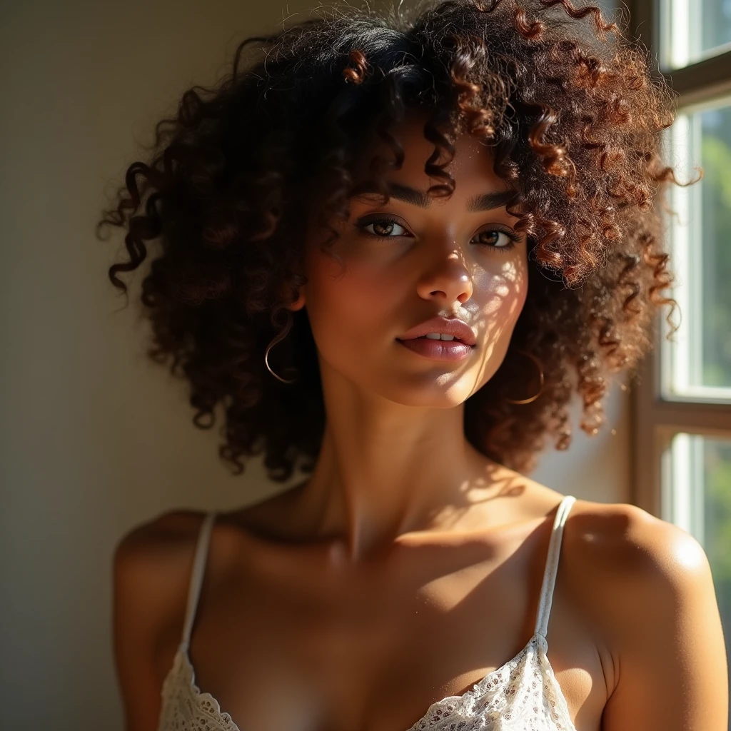 a Colombian,, photo brute, DSLR, (depth of field), cheveux traditionnels, Playful pose, 27 ans, un temps superbement ensoleillé, soft lighting, Luxury, skin details