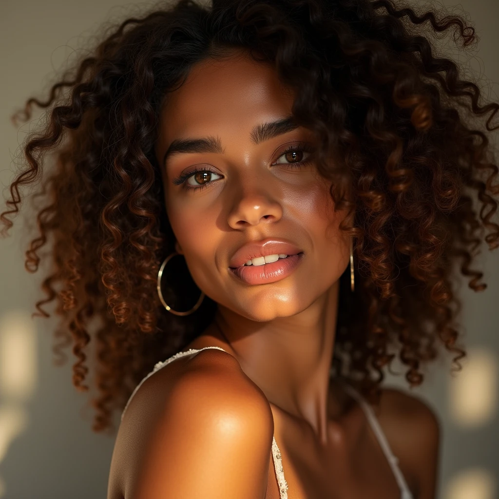 a Colombian,, photo brute, DSLR, (depth of ﬁeld), cheveux traditionnels, Playful pose, 27 ans, un temps superbement ensoleillé, soft lighting,  Luxury, skin details