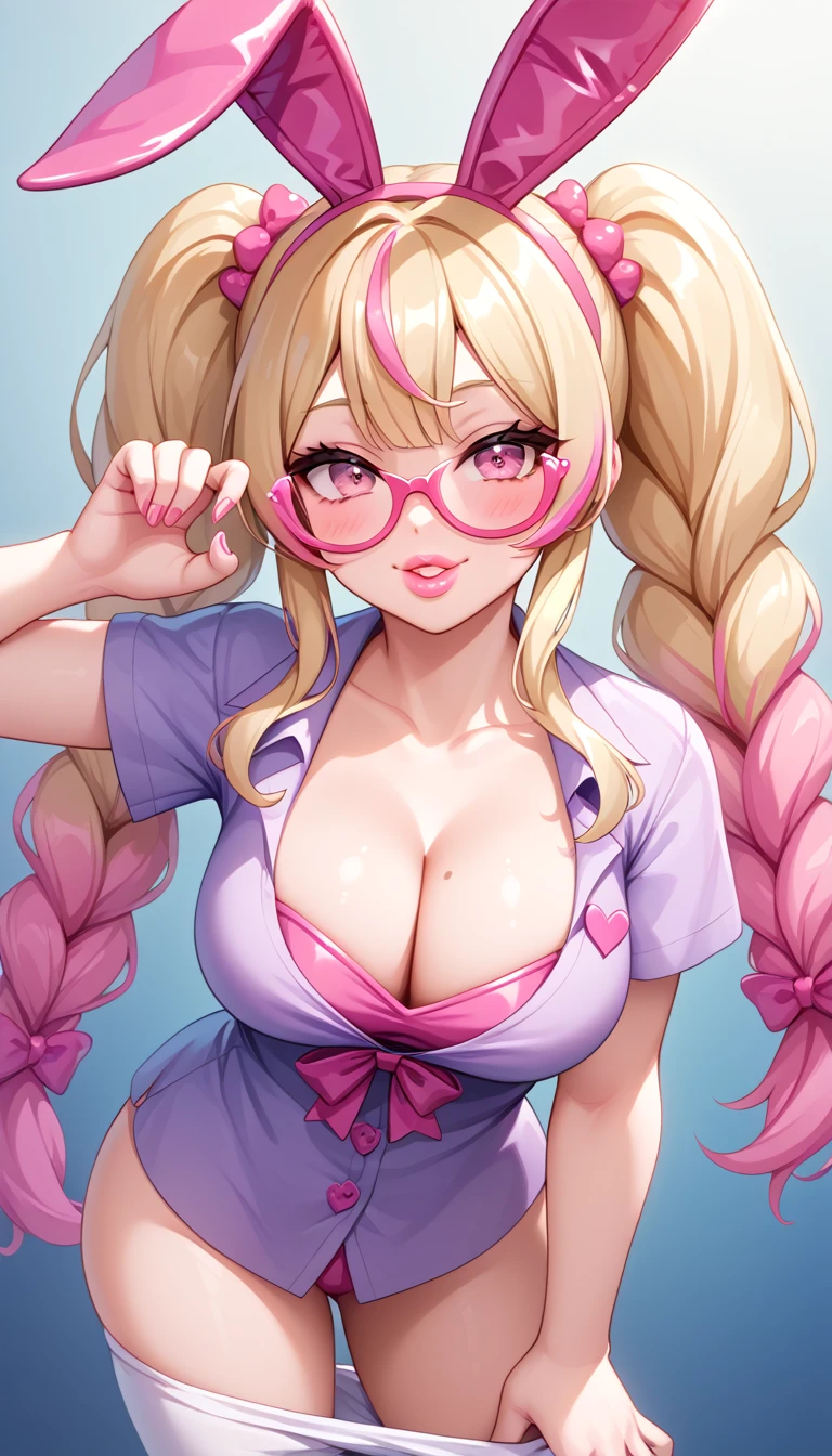 blush, cleavage,glowing aura, natural light, masterpiece, glossy skin, juicy lips ,long hair, cute, kawaii, adorable, kawaii clothes,random hair style,sexy, hot, , random expression, blonde hair, ((pink highlights in hair)), pink eyes, purple bunny ears, bonfie,glasses, pigtails and braids, bright pink eyes, , juicy lips, bimbo, hour glass, smile ,big lips, ((shirt tug pose))