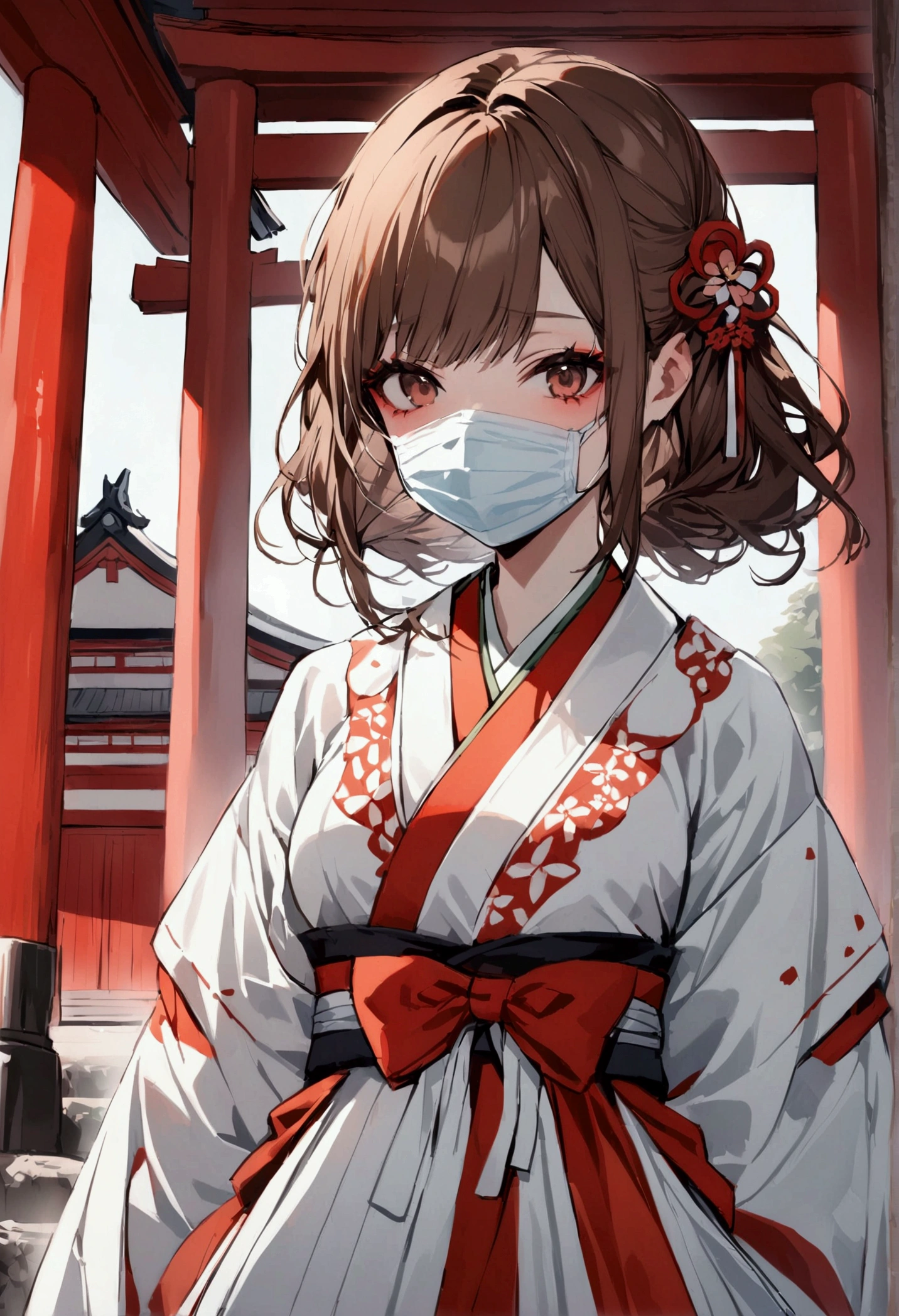 Japanese shrine Background, bloody, shrine maiden outfit, medical gloves, surgical mask, 1girl, brown hair, shining hair, 