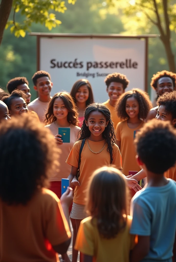**Scène** :
- Un groupe diversifié de jeunes, comprenant à la fois des filles et des garçons de teint noir , se tient en cercle à l'extérieur.
- Chaque personne tient un passeport dans une main, avec le bras tendu vers le centre du cercle, de manière à ce que les passeports soient bien visibles.
- Les passeports sont de différentes couleurs, représentant divers pays, symbolisant l'unité et la diversité.
- Le groupe se tient dans une bureau derrière une kakémono avec "succès passerelle", avec des arbres en arrière-plan, suggérant un environnement naturel et paisible.
- L'ambiance est vibrante et positive, avec tout le monde souriant ou affichant un air déterminé.
- La lumière du soleil illumine doucement la scène, ajoutant de la chaleur et mettant en valeur les passeports colorés.