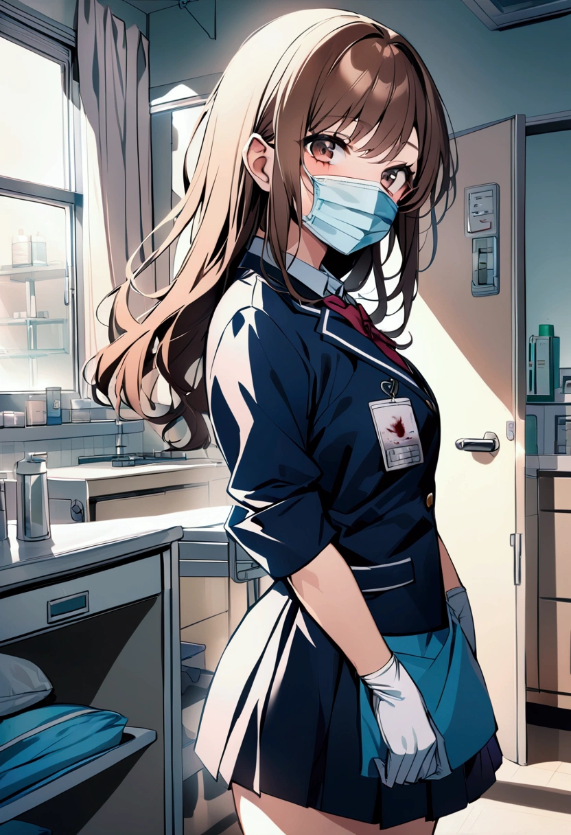 Infirmary room Background, bloody, school blazer, school uniform, surgical apron, medical gloves, surgical mask, 1girl, smiles, brown hair, shining hair, 