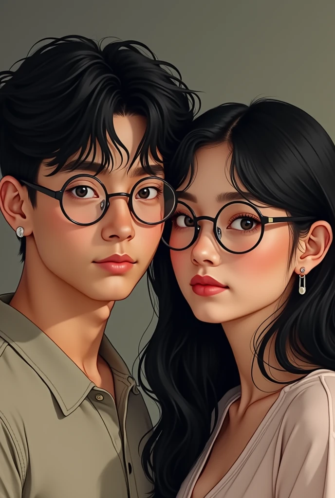 a couple, boy with round glasses, short black hair, and wearing earrings, girl with glasses, long black hair