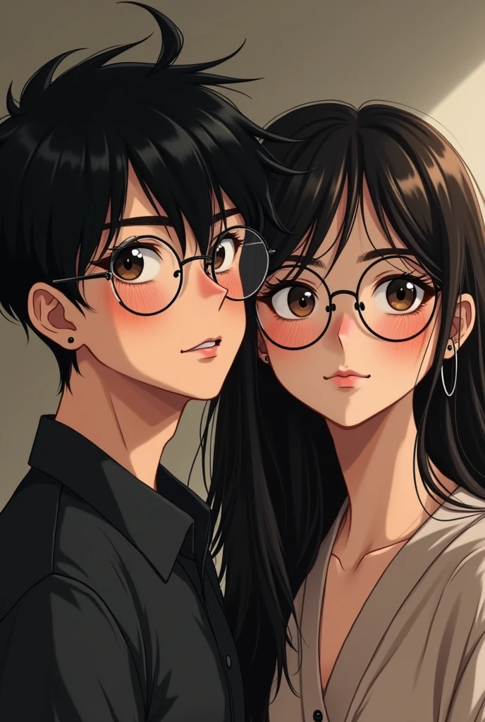 a couple, boy with round glasses, short black hair, and wearing earrings, girl with glasses, long black hair